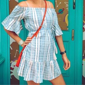 Chic Blue and White Striped Off-Shoulder Dress